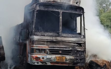 வைக்கோல் ஏற்றி வந்த லாரி மின்கம்பம் உரசி  தீப்பிடித்தது